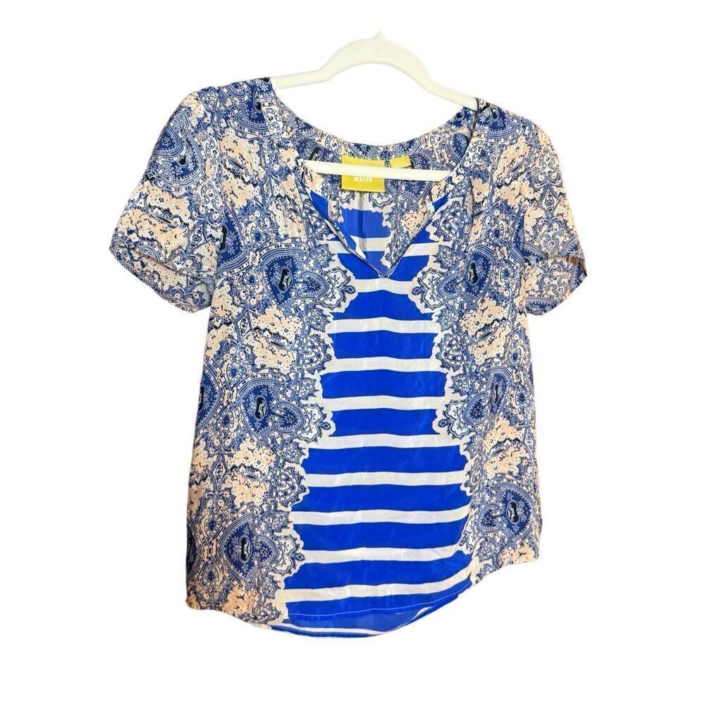 Maeve Anthropologie Blue Paisley Striped Silk Blend Blouse‎ Top XS